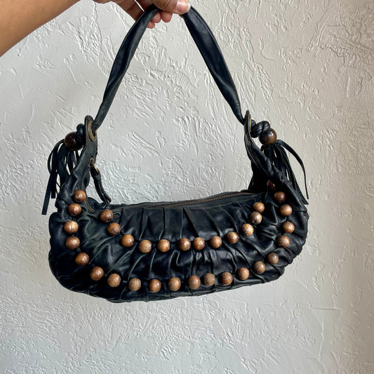 Y2K Leather Beaded Shoulder Bag BCBG