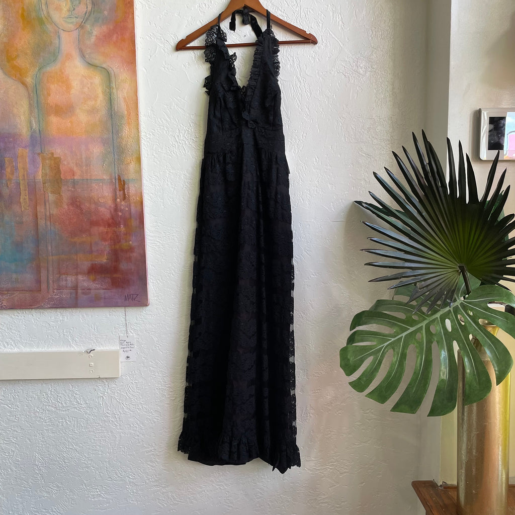 1970s Black Lace Halter Dress