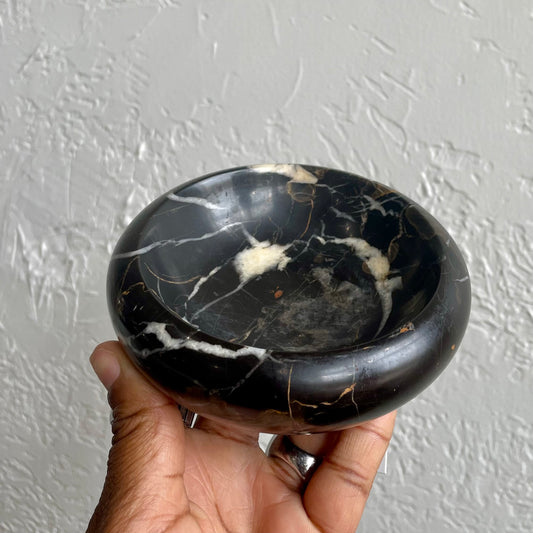 Vintage Michelangelo Natural Black Marble 5 Inch Bowl Trinket Dish