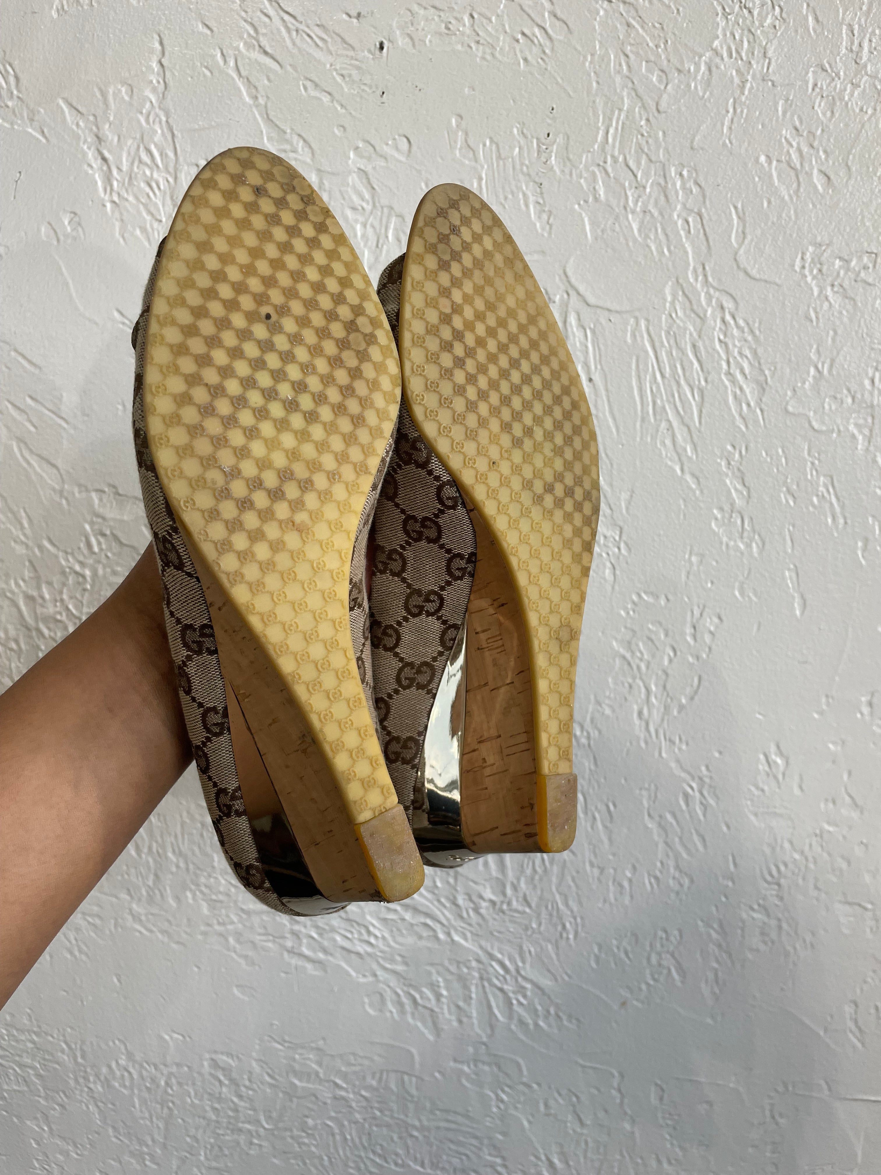 Gucci GG Logo Beige Wedge Sandals | Size 9