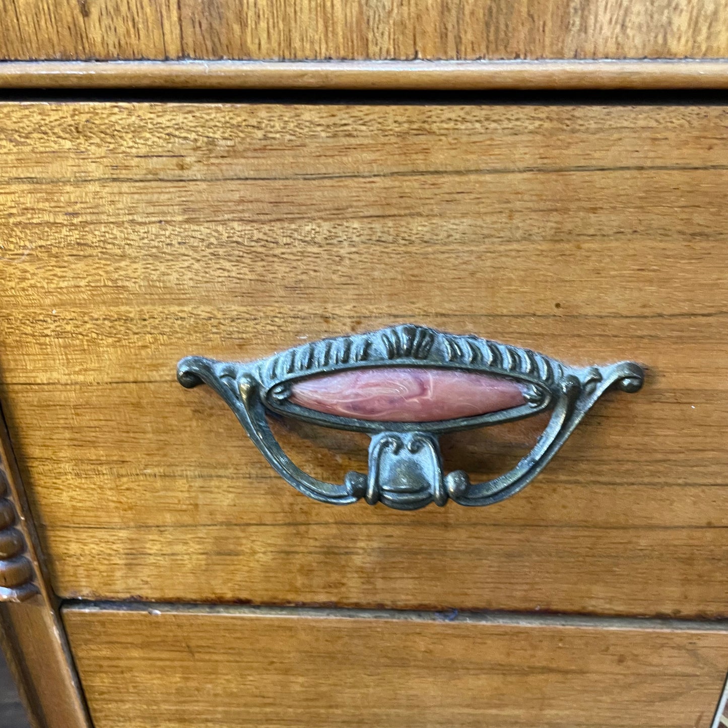 Antique Waterfall Dresser w/ Carved Mirror and Bakelite Handles 1930s