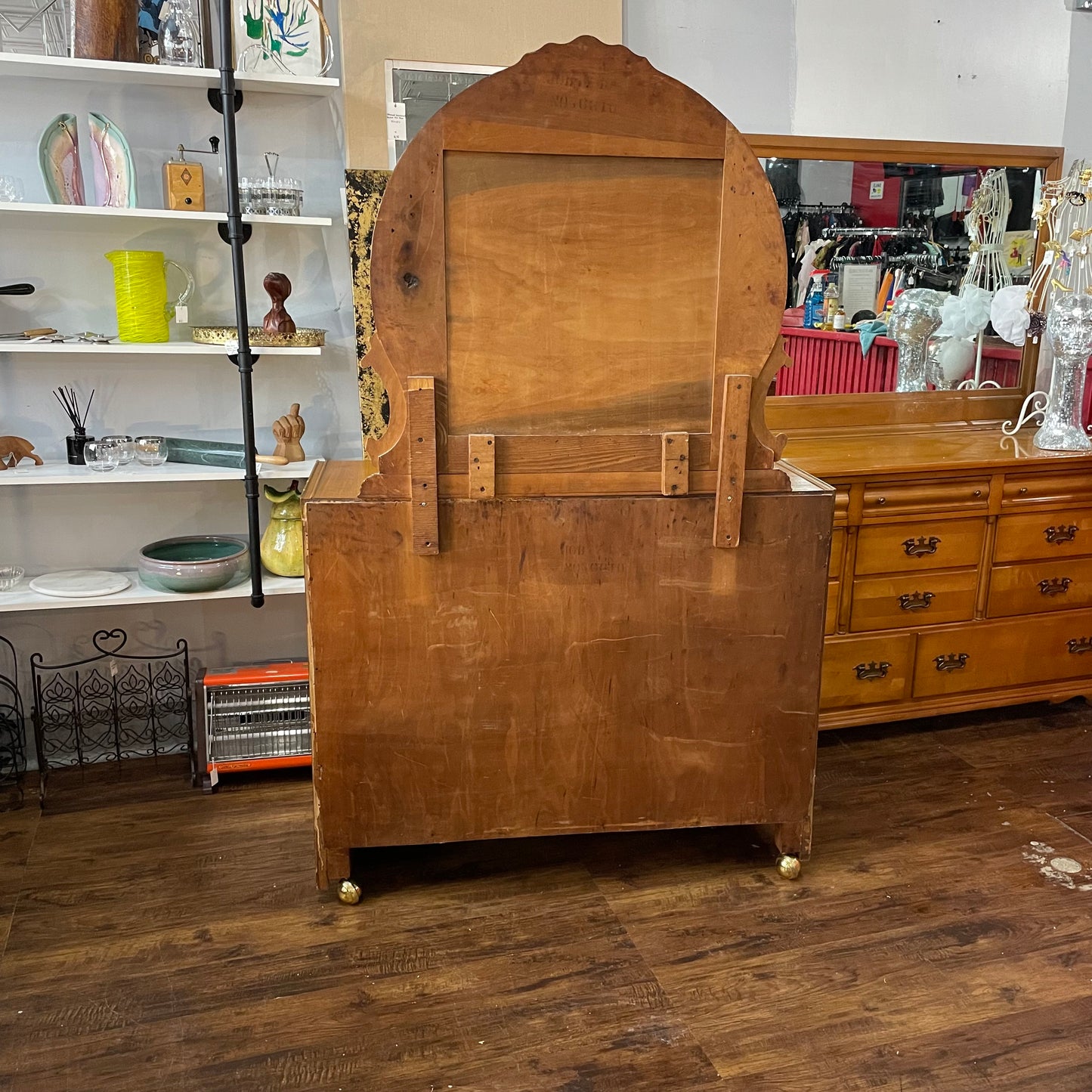 Antique Waterfall Dresser w/ Carved Mirror and Bakelite Handles 1930s