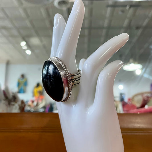 Black Onyx Cabochon Sterling Silver Ring | 10.5