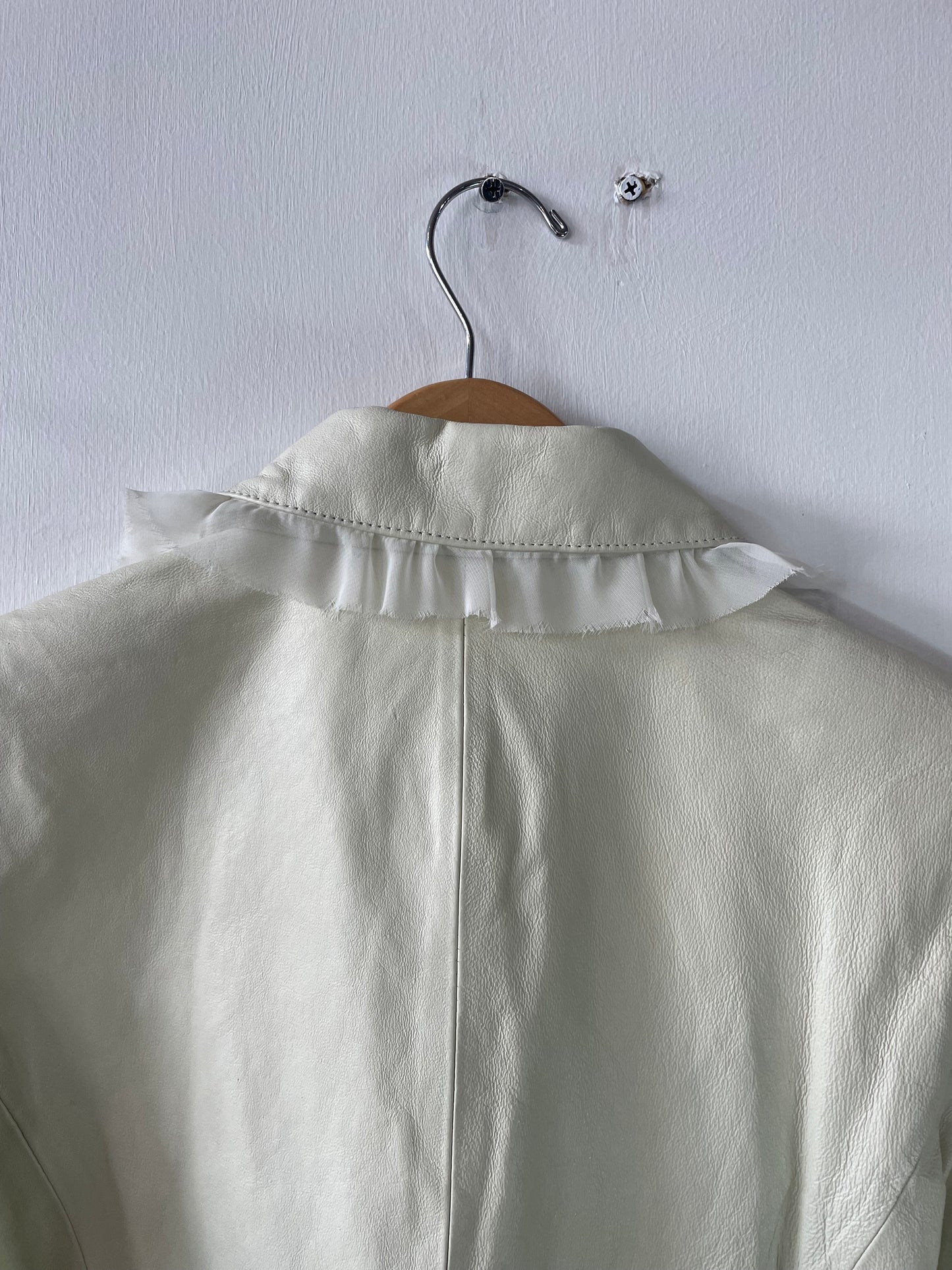 Y2K Cream Leather Jacket with Ruffle Trim