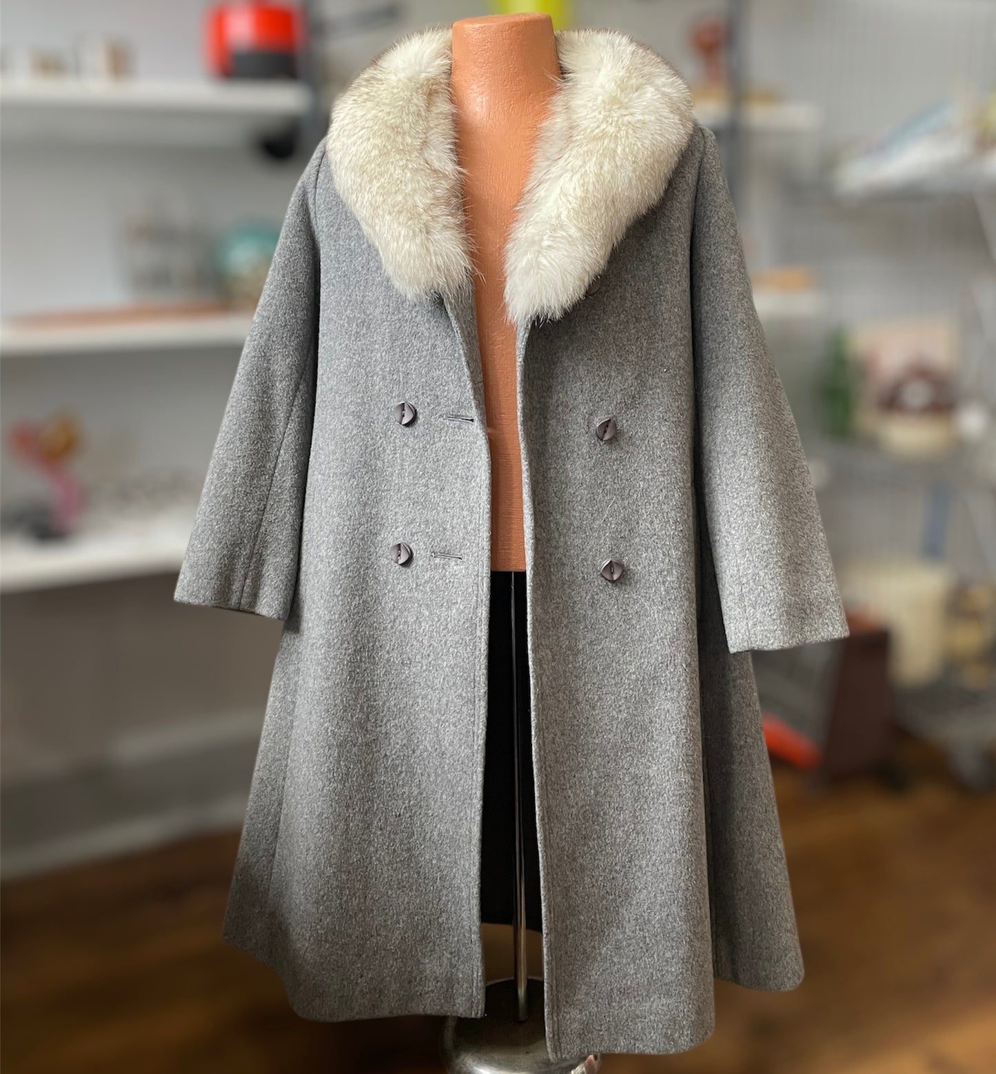 Heather Grey Wool and Fox Collar Winter Trench 1970s | Medium