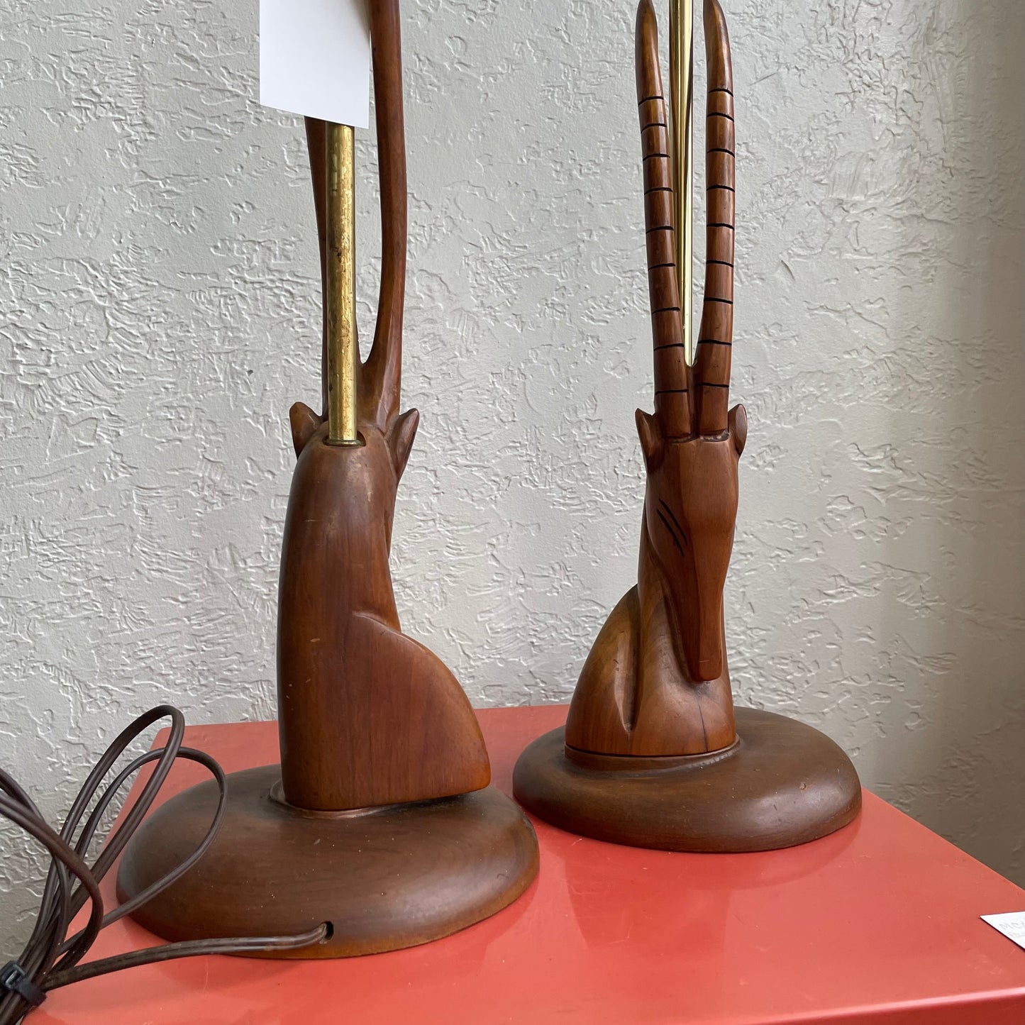 Sculpted Teak Wood Mid-Century Modern Antelope Table Lamps - Set of 2