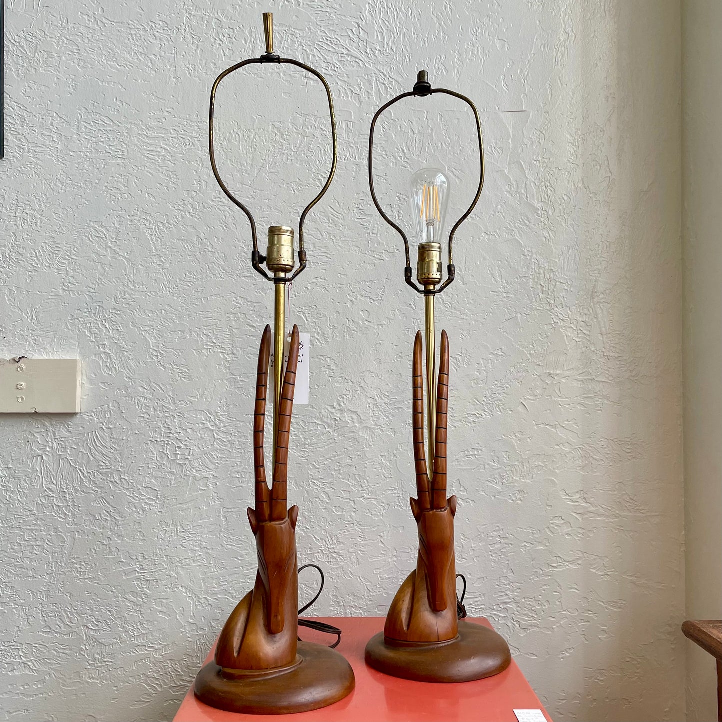 Sculpted Teak Wood Mid-Century Modern Antelope Table Lamps - Set of 2