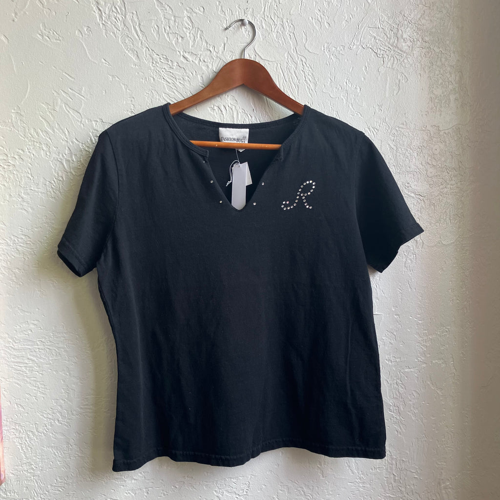 Black Rhinestone  V Neck | XL