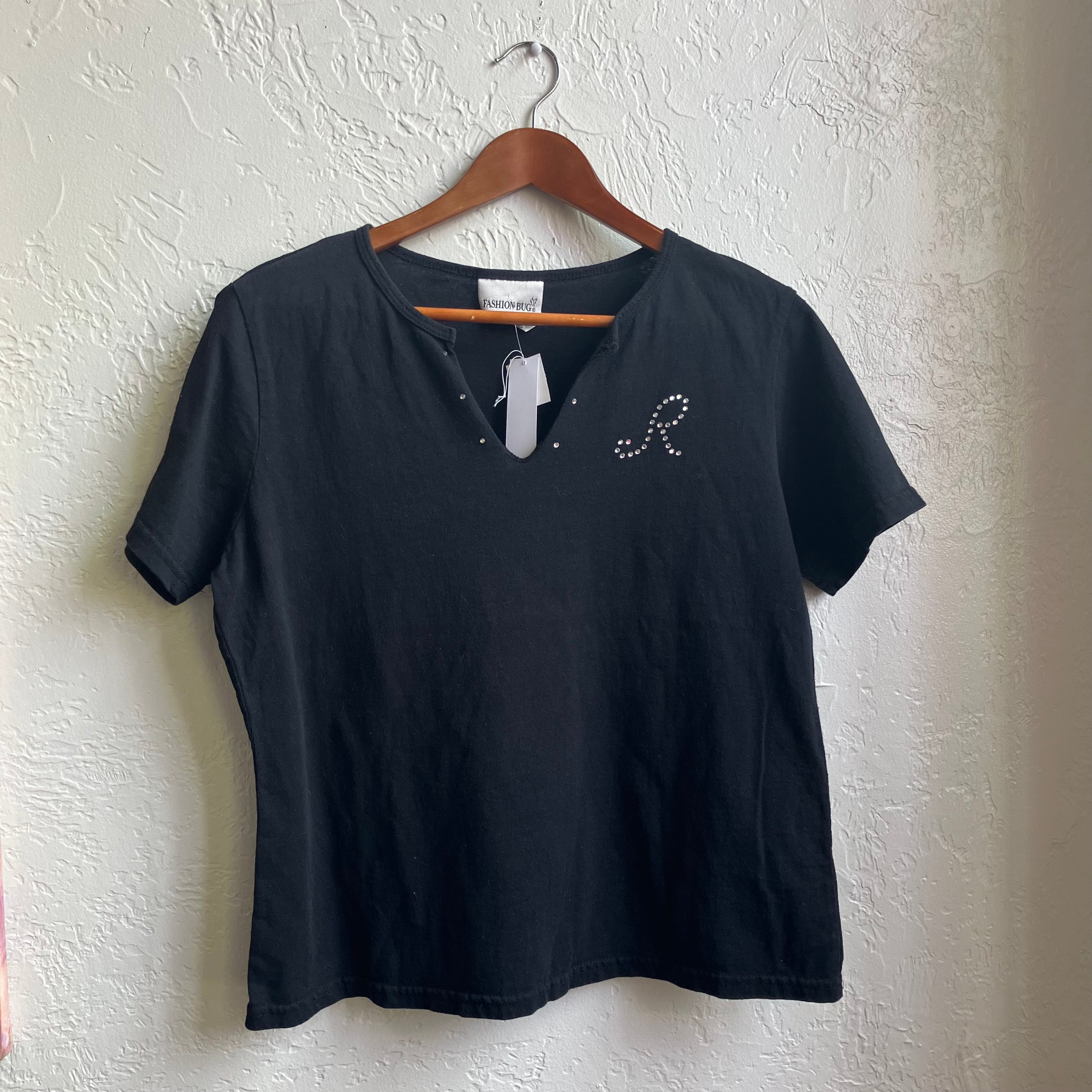 Black Rhinestone  V Neck | XL