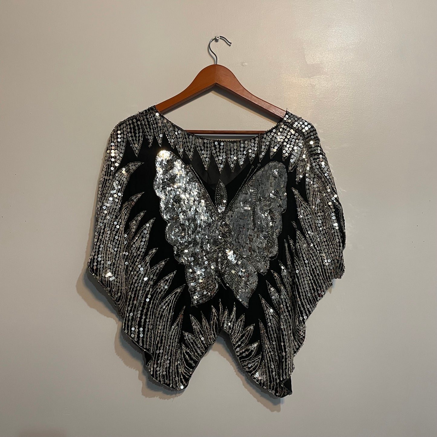 Sequin Silk Butterfly Top 1980s | One Size