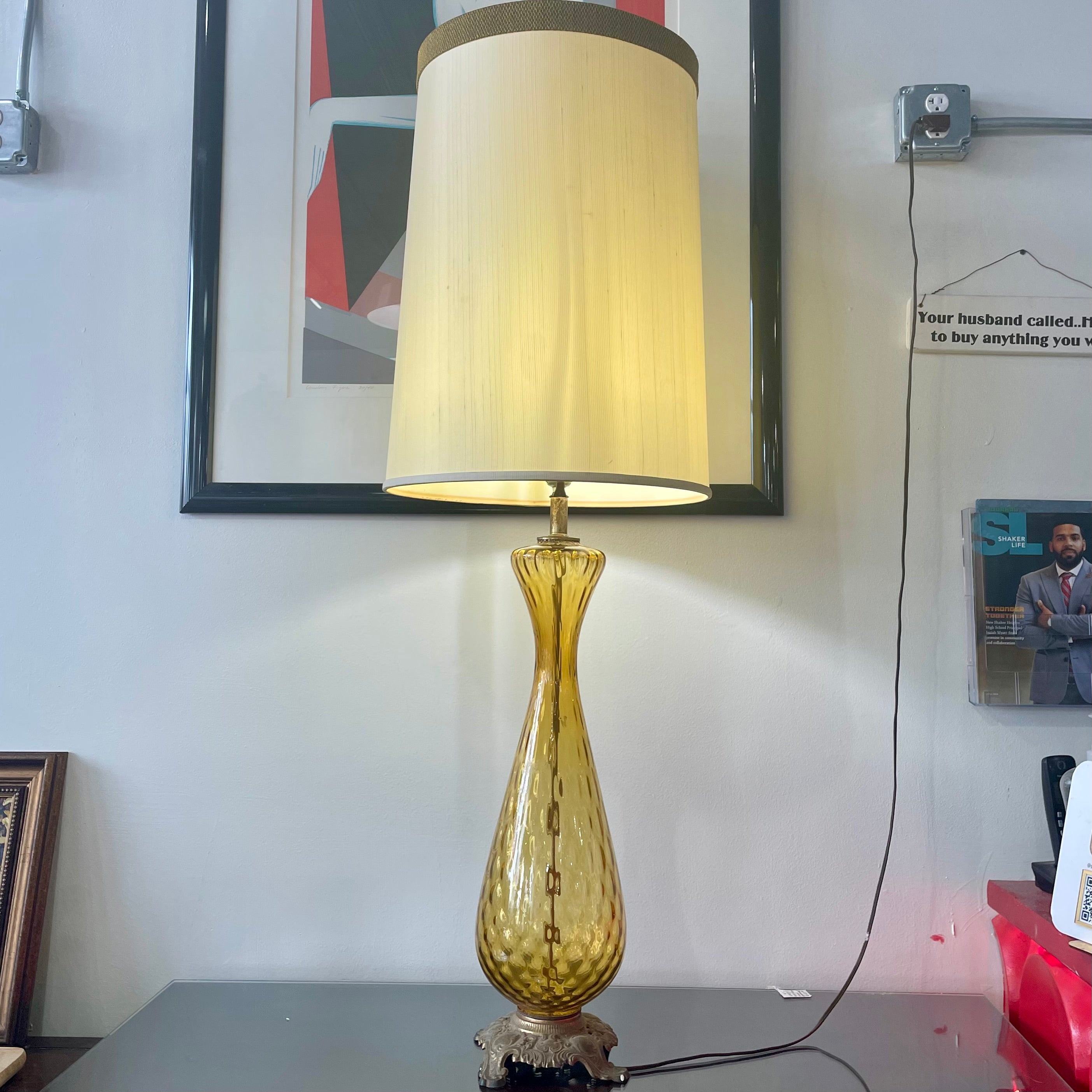 Amber Etched Mid-Century Glass Lamp