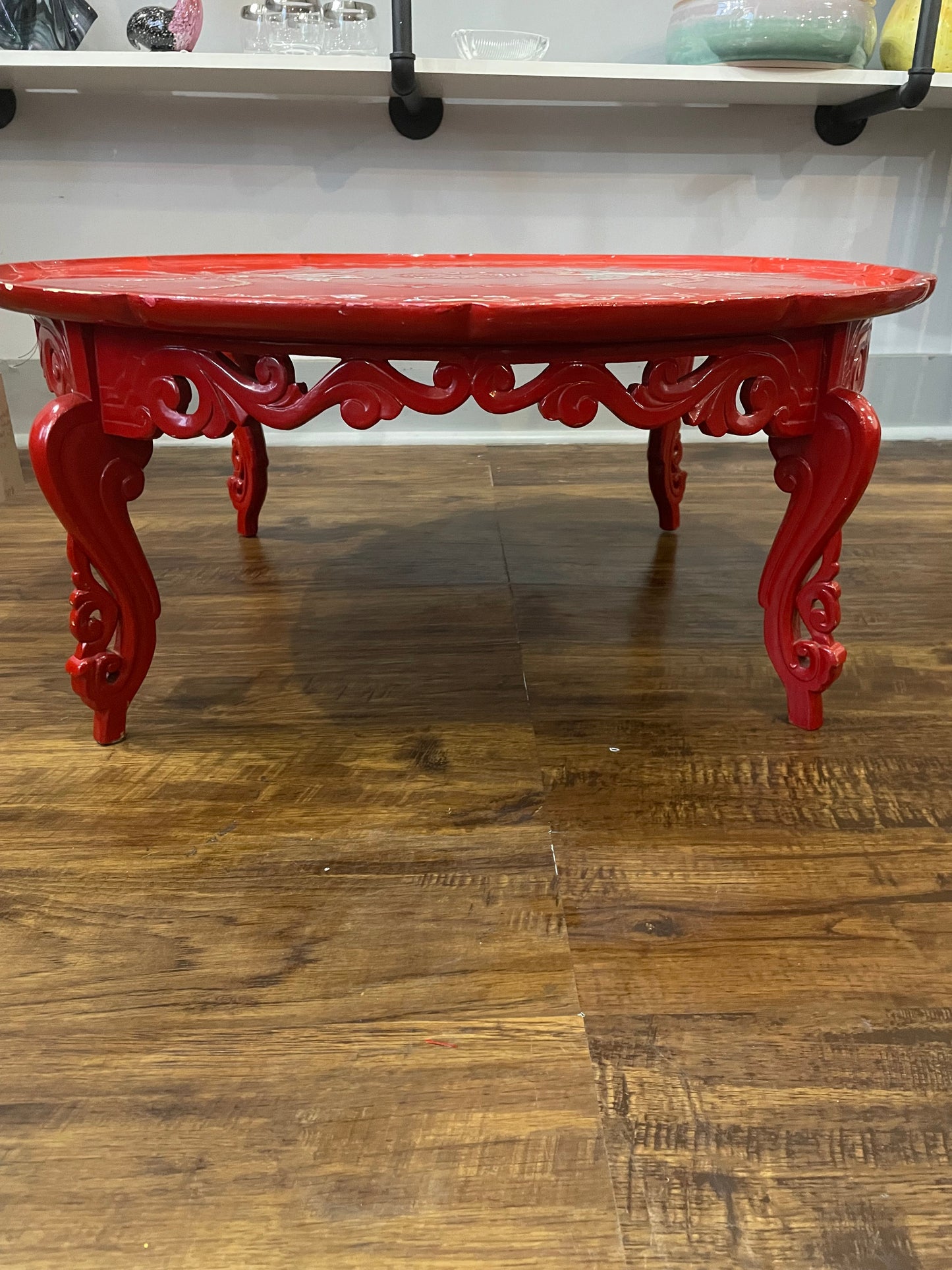 Vintage Red Lacquered Mother of Pearl Inlay Tea Table