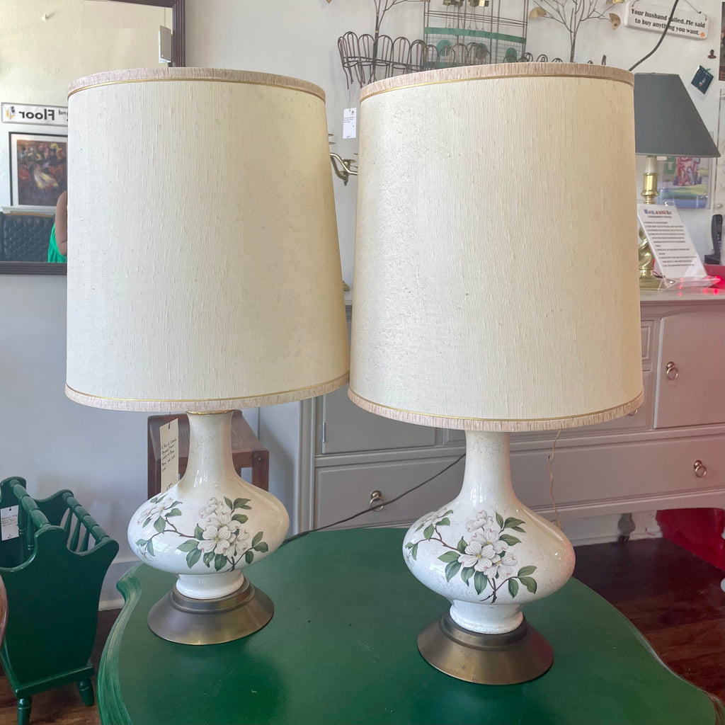 A Pair of Ceramic Gold Leaf Dogwood Flower Table Lamps