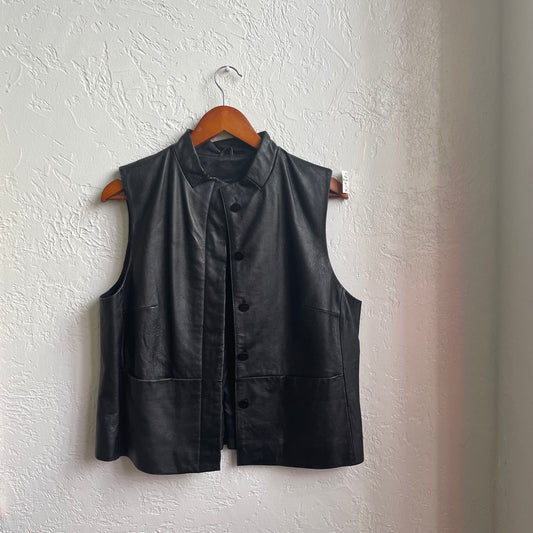 Black Leather Button Up Vest | Medium