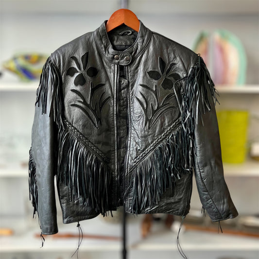 Vintage 80’s Fringe Leather Black Jacket Small