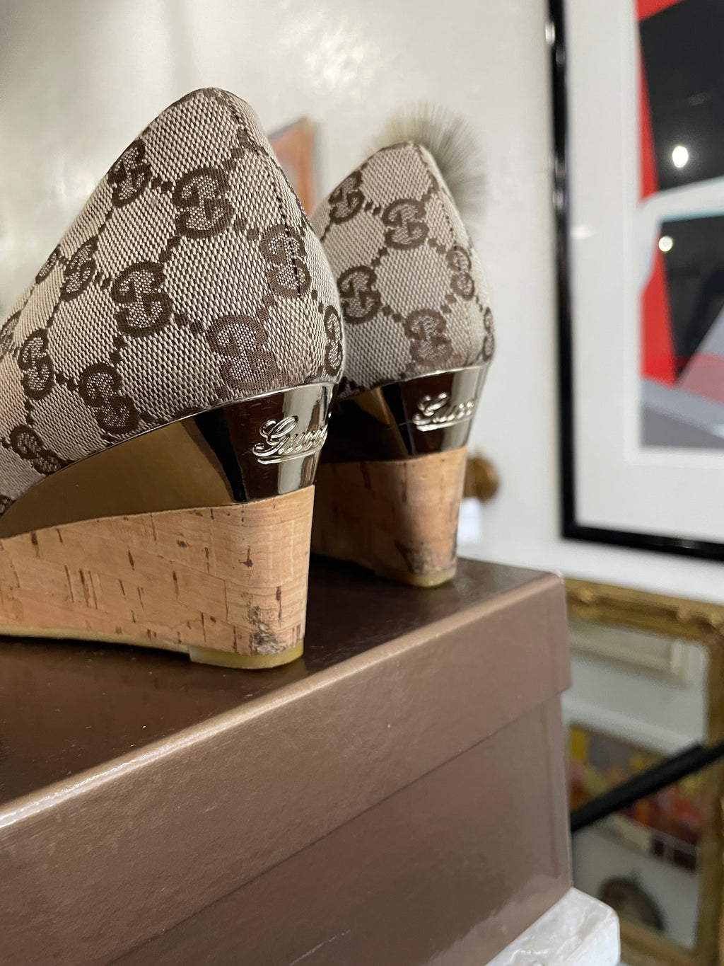 Gucci GG Logo Beige Wedge Sandals | Size 9