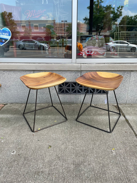 Wood Stool with Black Metal Base Set of 2