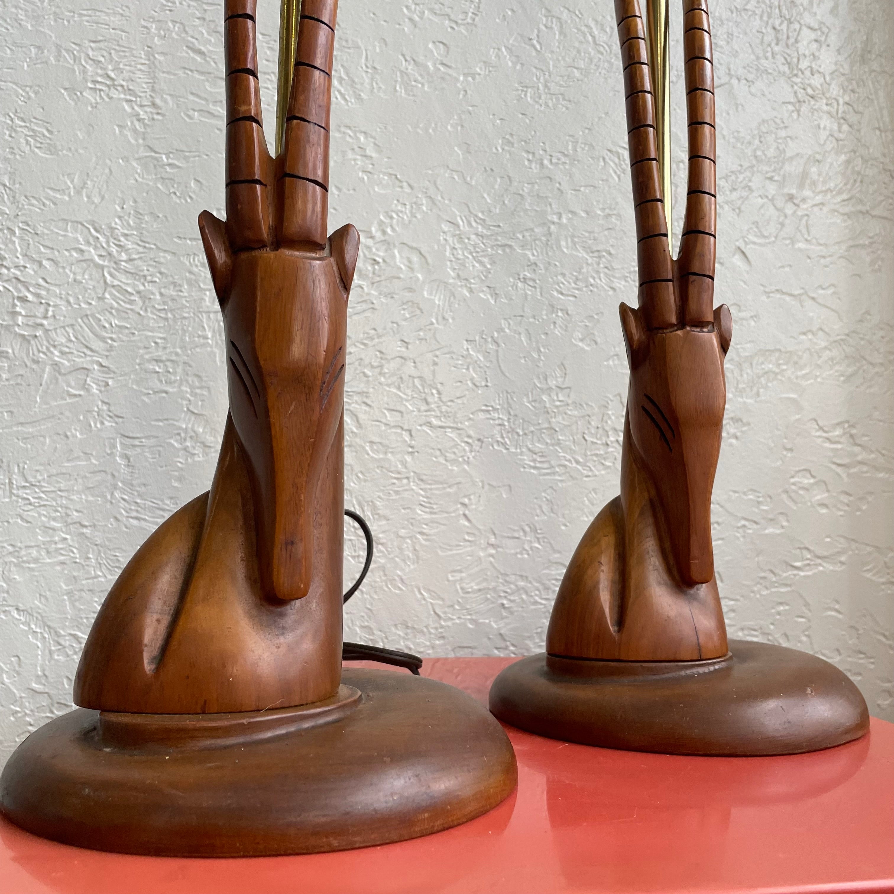 Sculpted Teak Wood Mid-Century Modern Antelope Table Lamps - Set of 2