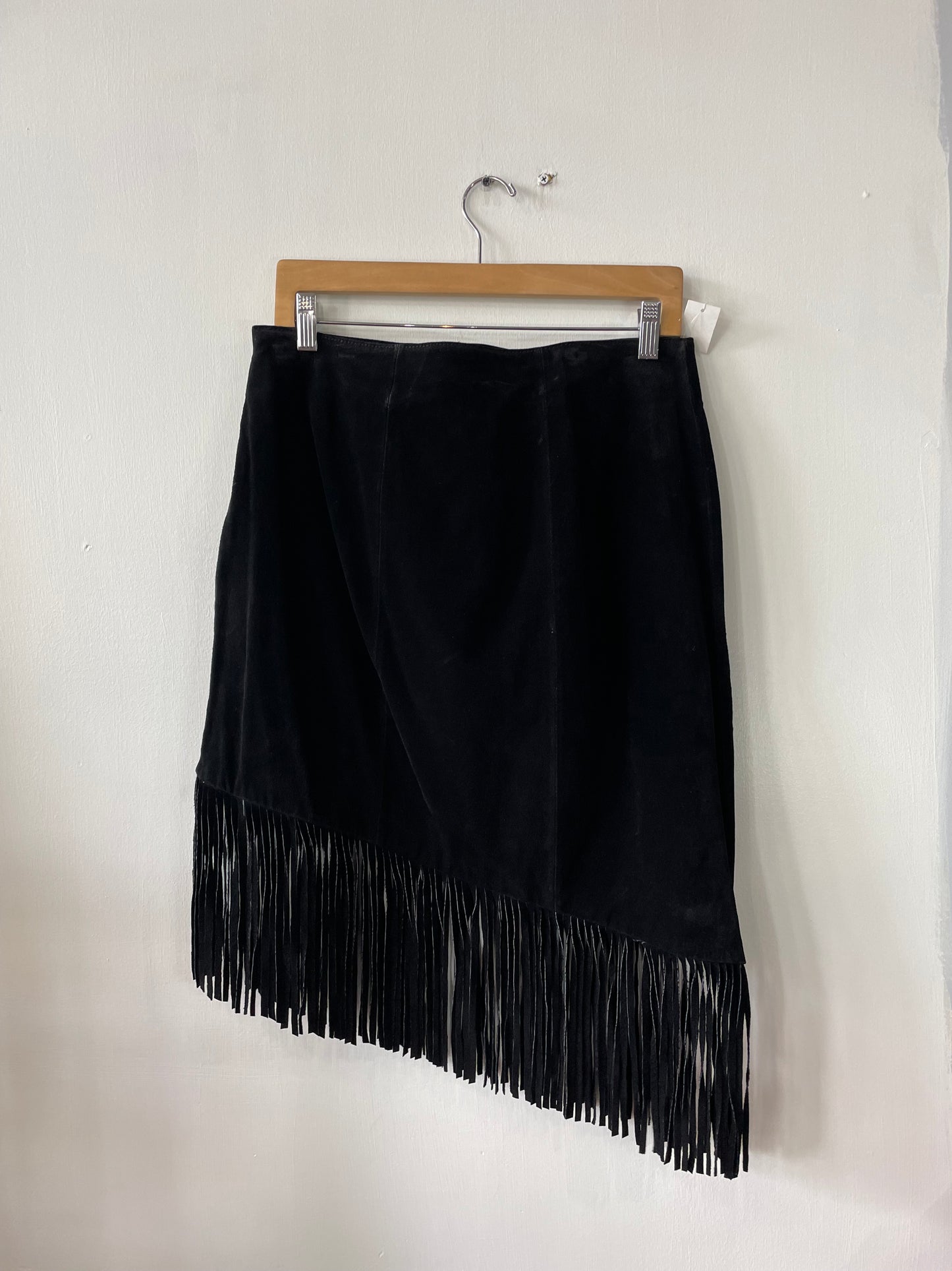 Y2K Black Suede Fringe Asymmetrical Midi Skirt