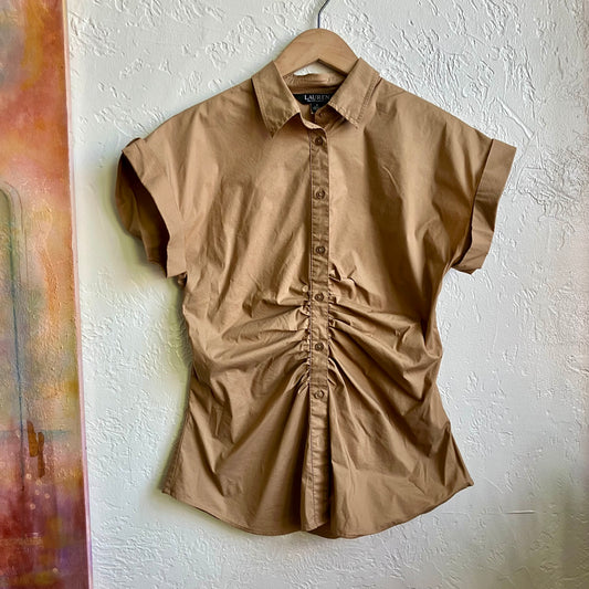 Neutral Tan Lauren Ralph Lauren Collar Button Down Top Small
