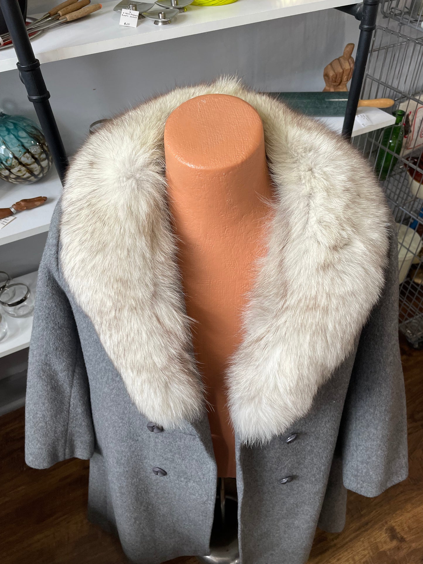 Heather Grey Wool and Fox Collar Winter Trench 1970s | Medium