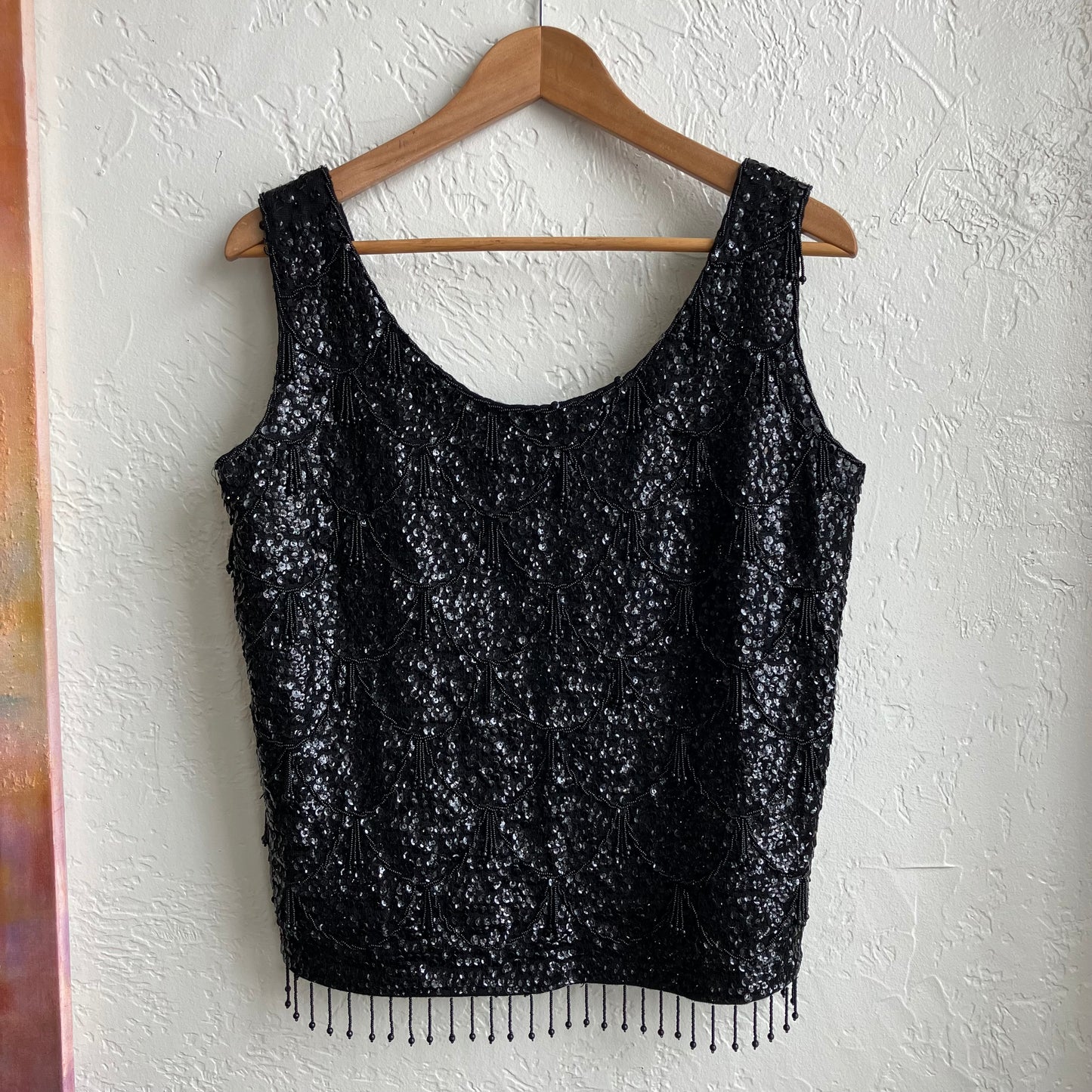 Black Beaded Wool Sequined Fringe Top | Large