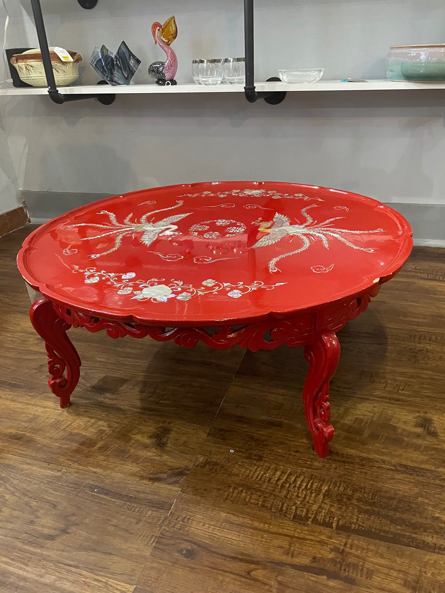 Vintage Red Lacquered Mother of Pearl Inlay Tea Table