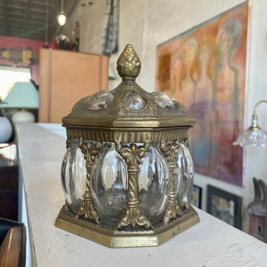 Brass & Blown Bubble Glass Covered Apothecary/Trinket Jar w/ Lid