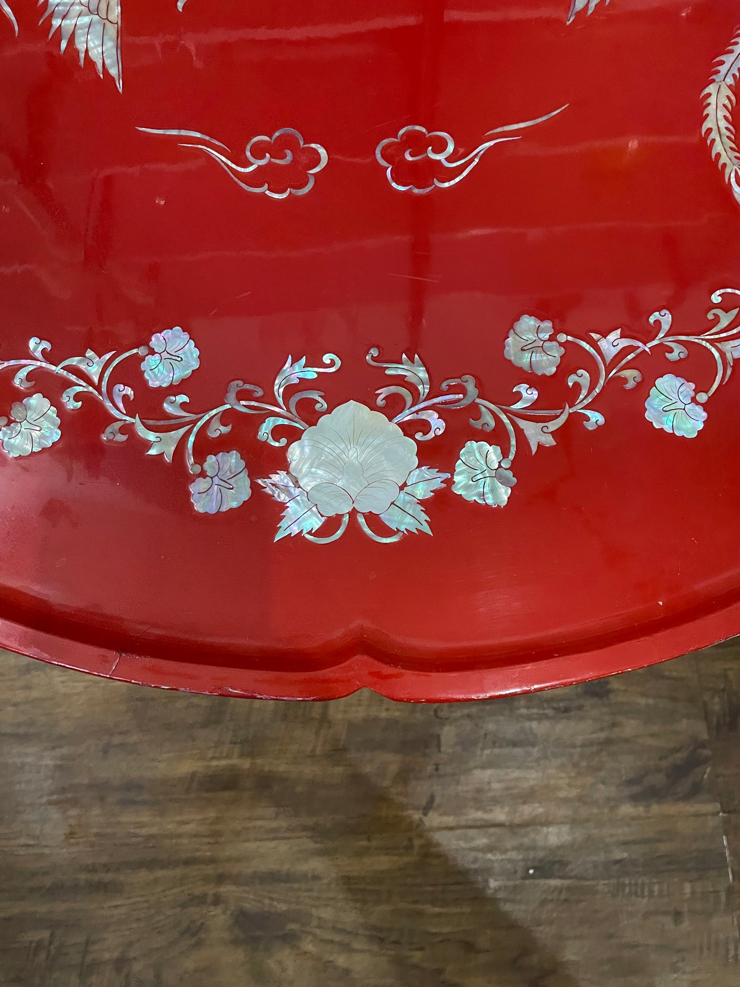 Vintage Red Lacquered Mother of Pearl Inlay Tea Table