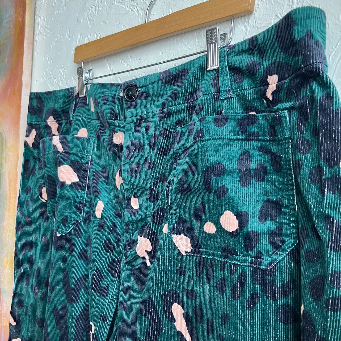 Anthropology Maeve Collette Green Animal Print Corduroy Wide Leg Pants Plus Size Women’s 26W