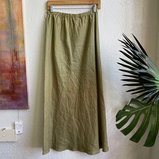 Olive Green 100% Linen Maxi Skirt Y2K | Medium