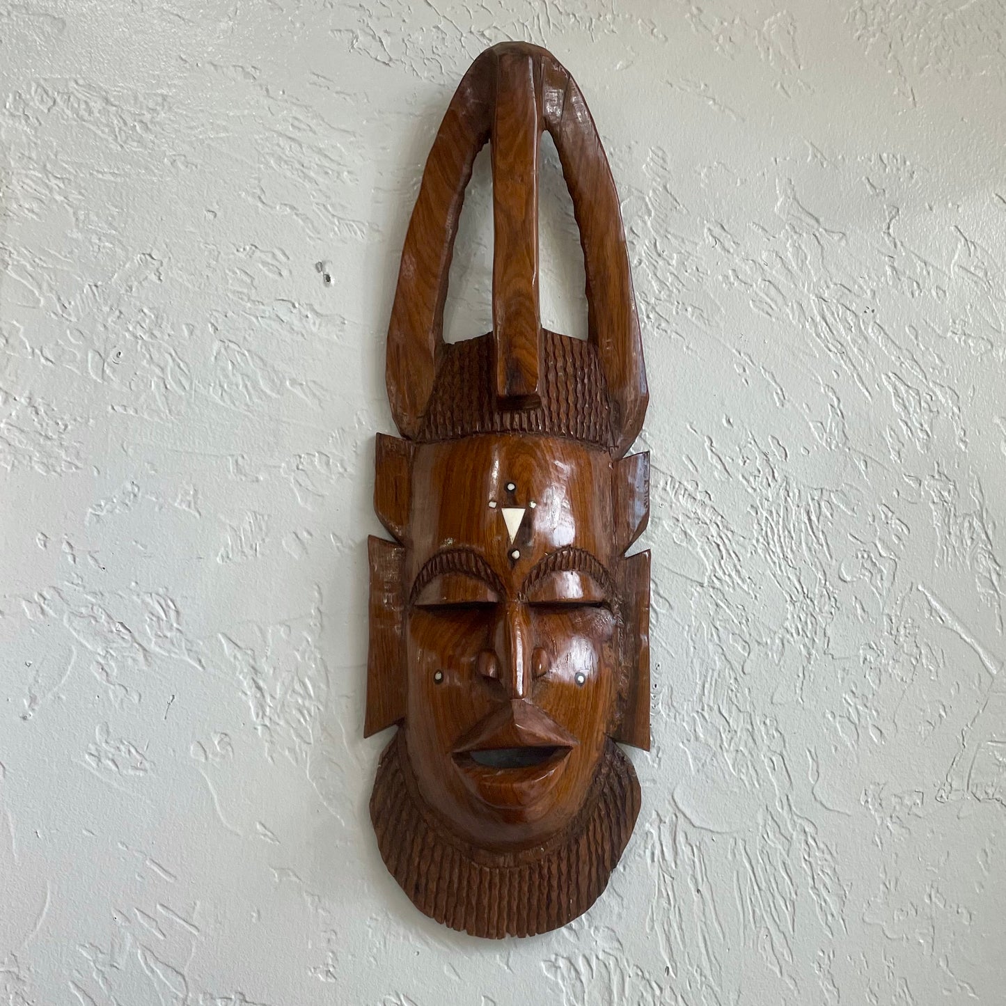 Hand Carved African Tribal Mask with Ivory Inlay Wall Hanging