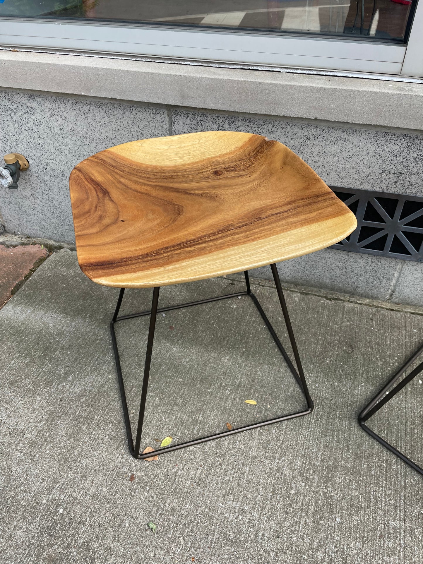 Wood Stool with Black Metal Base Set of 2