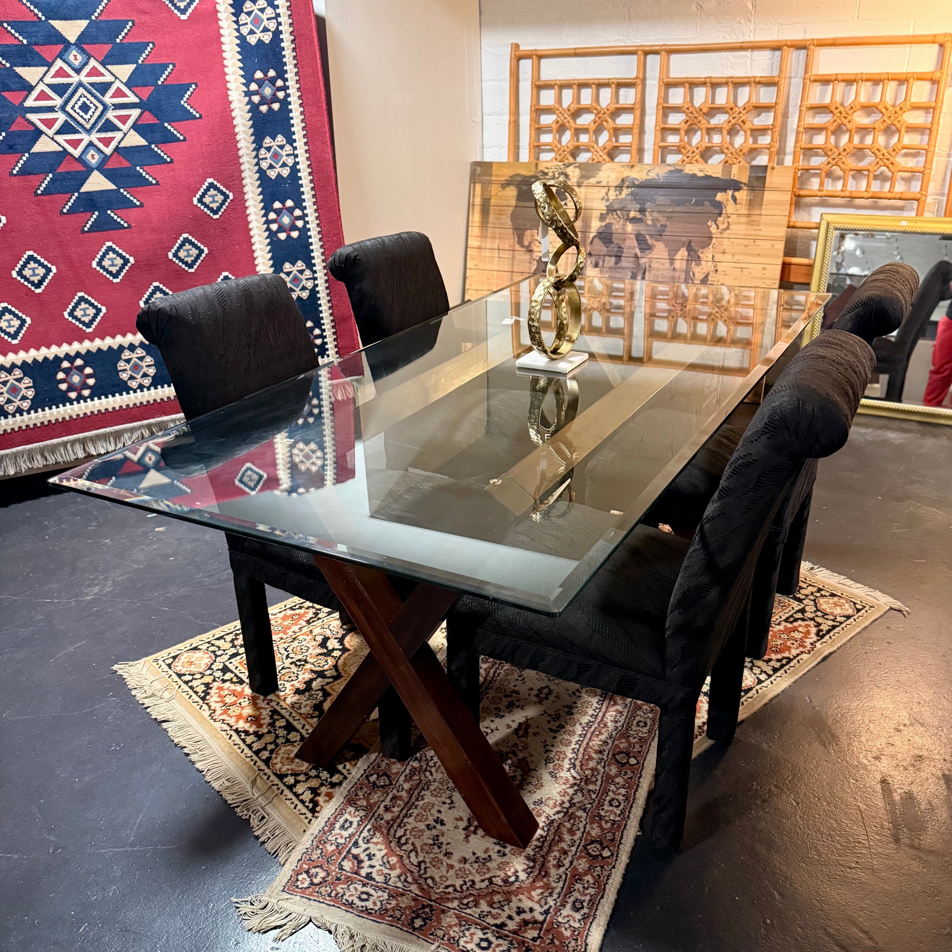 Modern Mahogany Wood Glass Top Dining Room Table