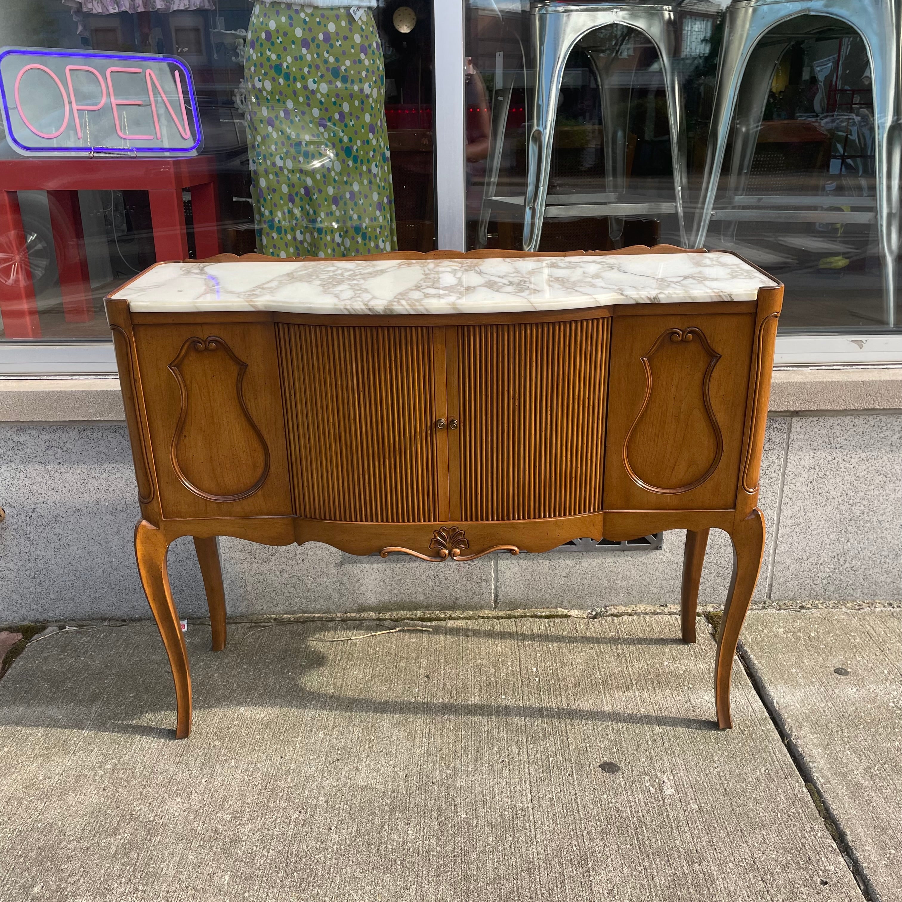 Marble Top Louis XV Style Tambour Door Console Table