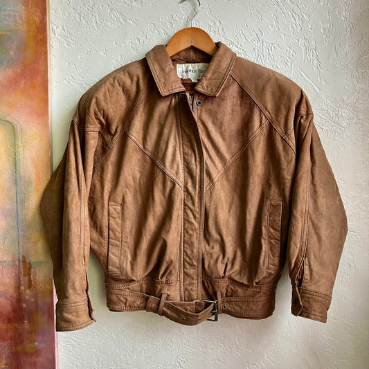 Brown Suede Leather Cropped Bomber Jacket Small