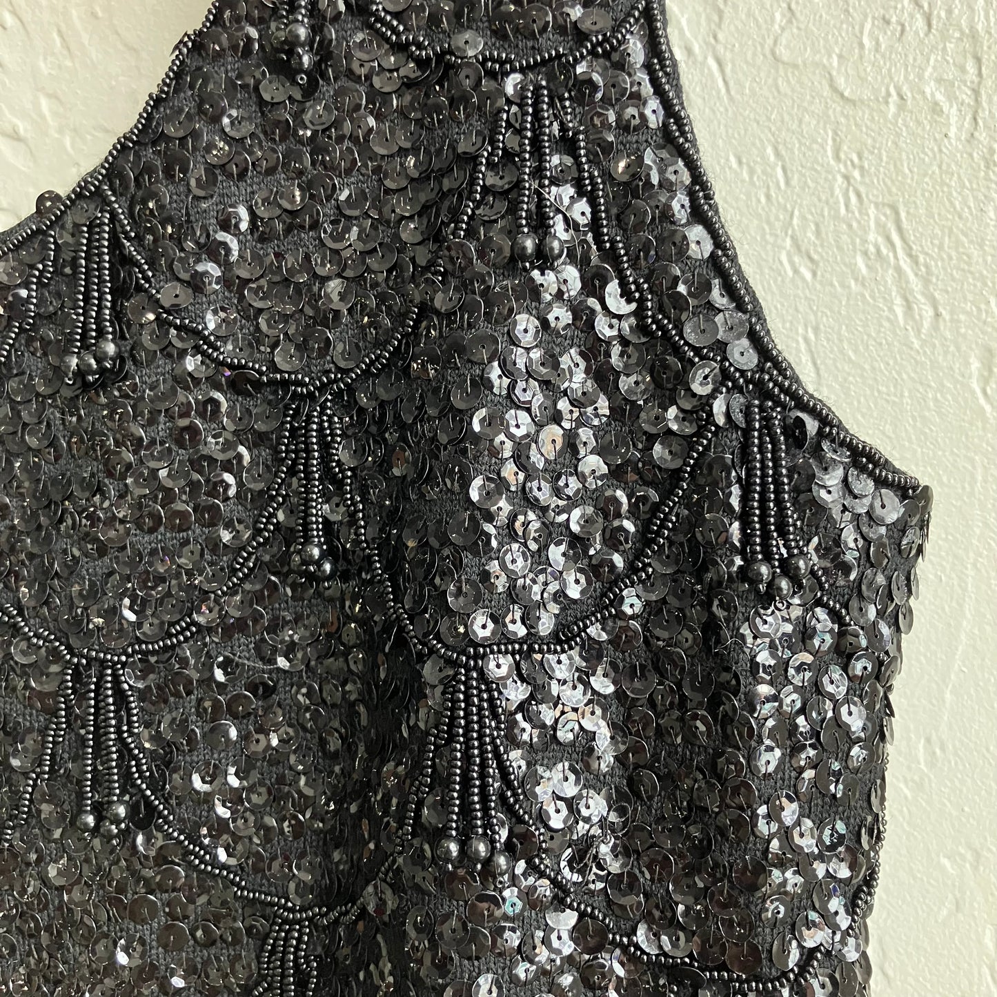 Black Beaded Wool Sequined Fringe Top | Large