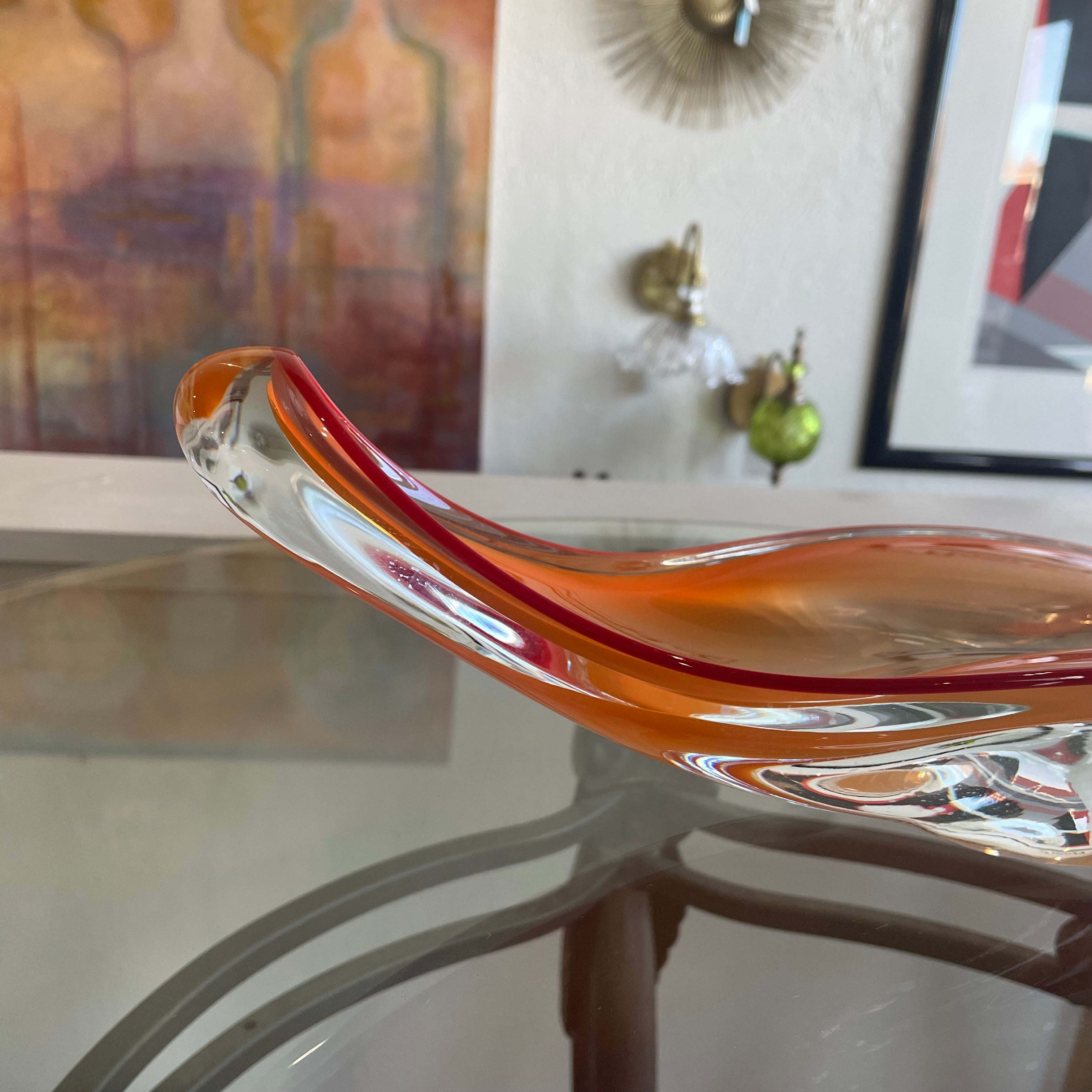 Orange MCM Hand Blown Glass Canoe Bowl Czech Republic