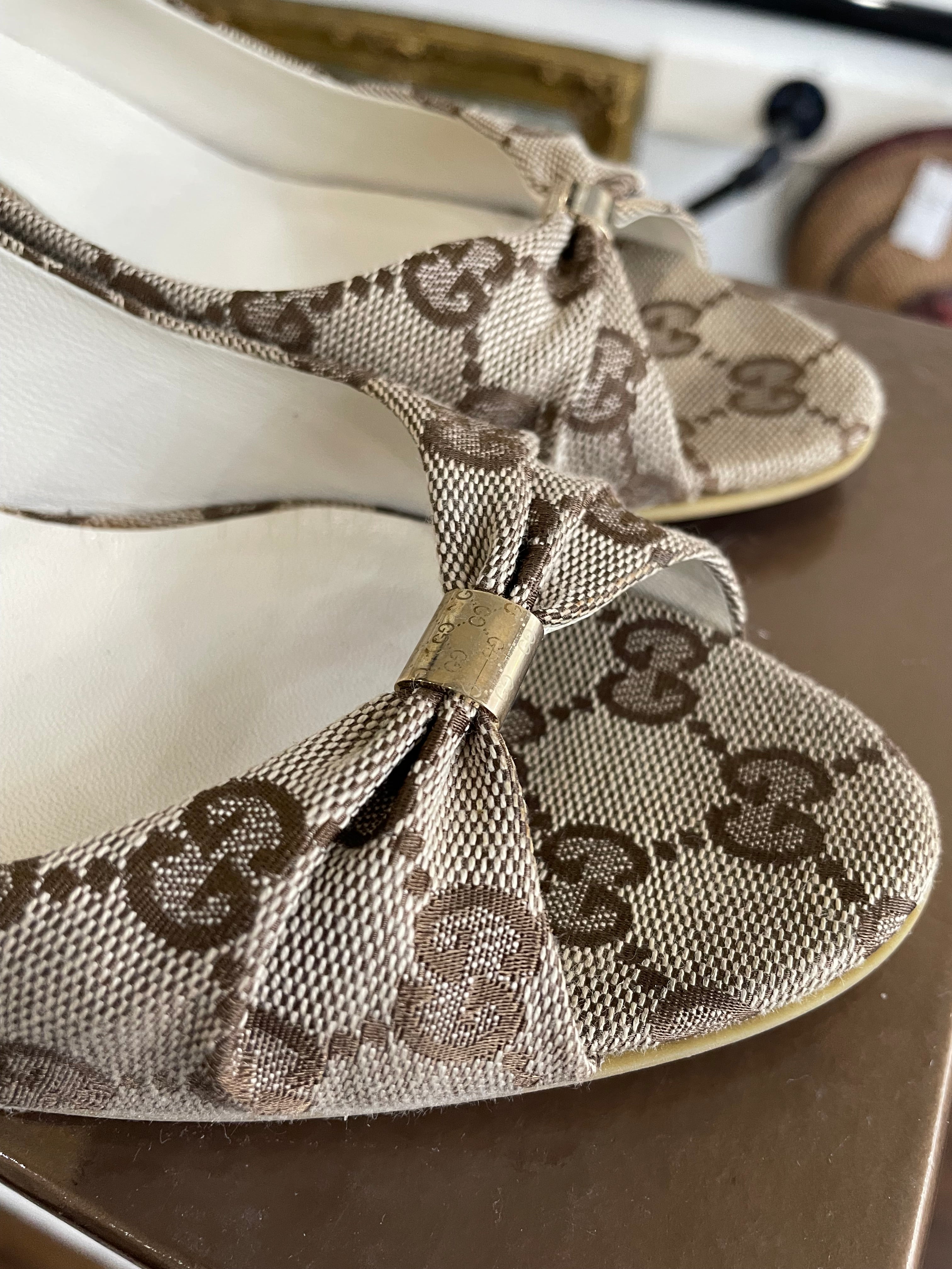 Gucci GG Logo Beige Wedge Sandals | Size 9