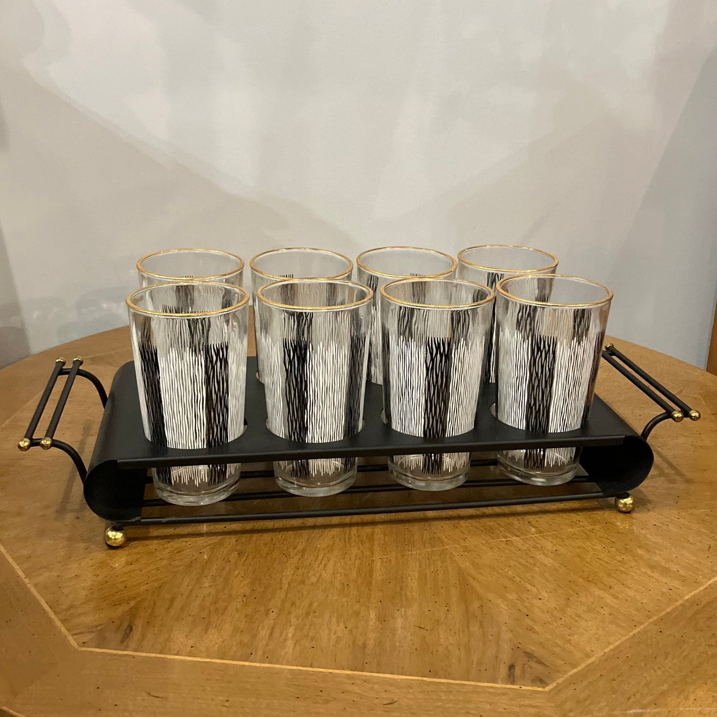 Set of 8 Vintage Black & White Tumbler Glasses in Black Metal Caddy with Gold Accents