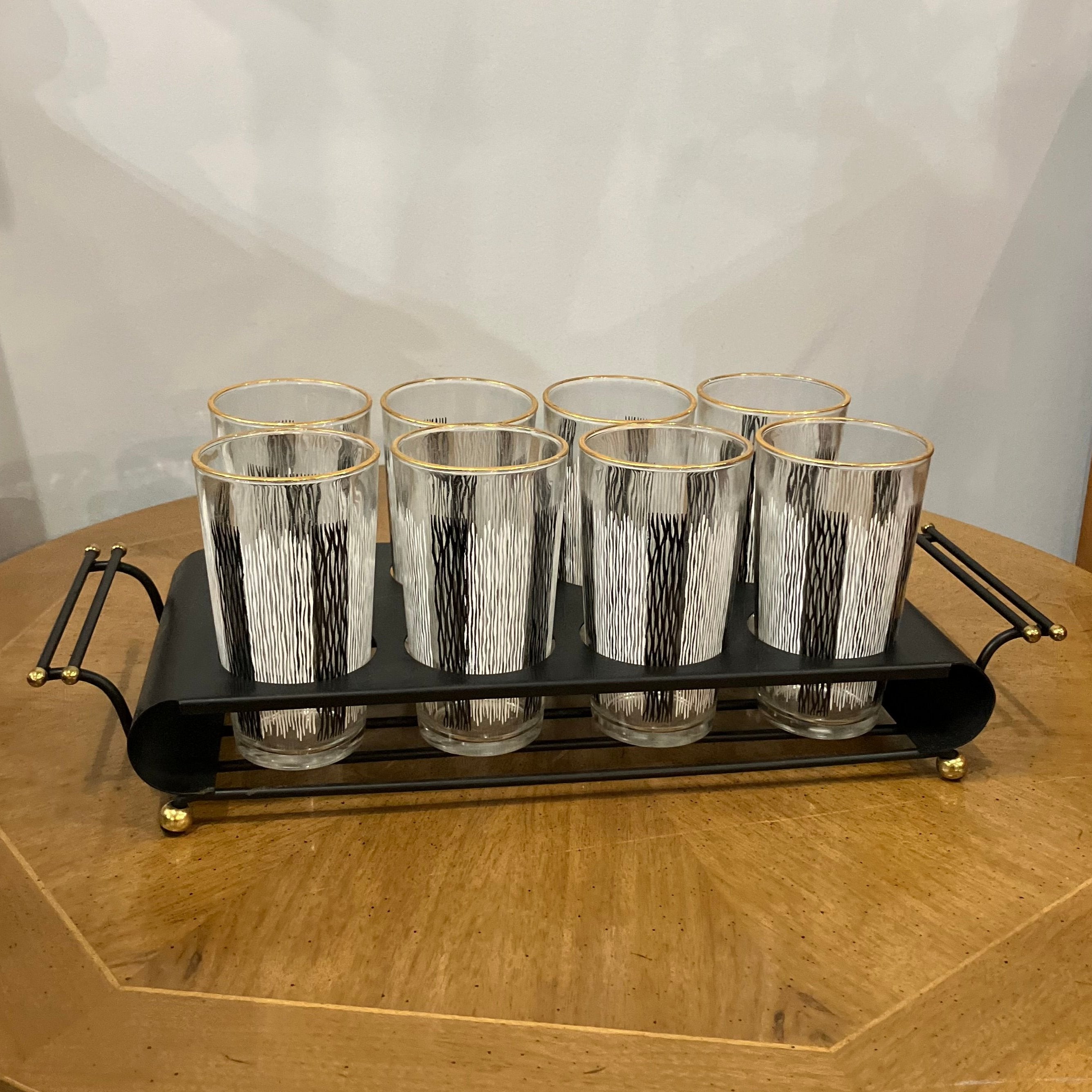 Set of 8 Vintage Black & White Tumbler Glasses in Black Metal Caddy with Gold Accents