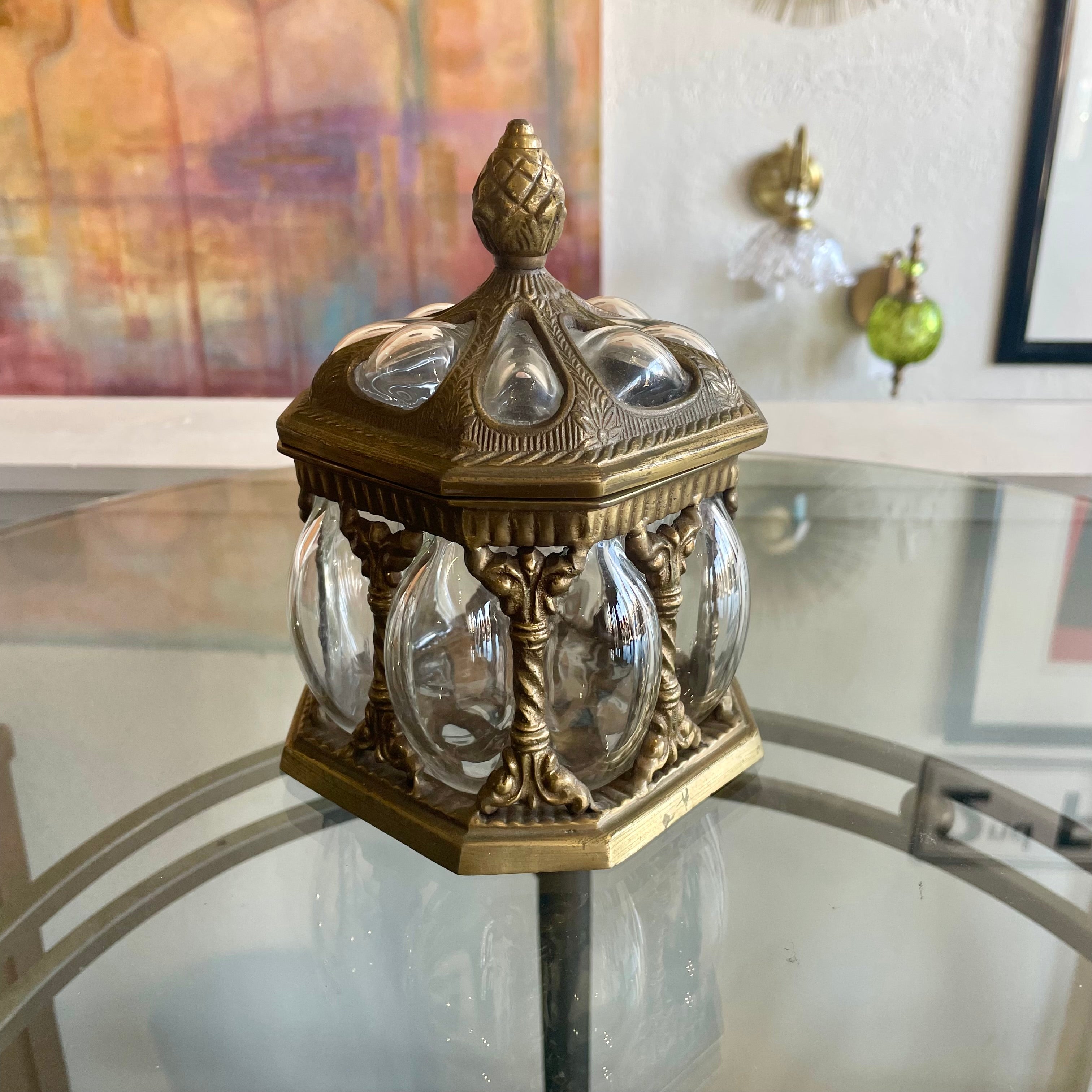 Brass & Blown Bubble Glass Covered Apothecary/Trinket Jar w/ Lid