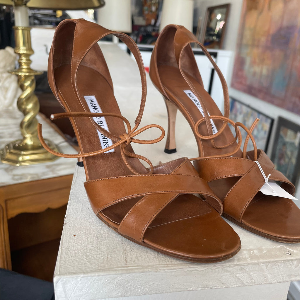 Manolo Blahnik Brown Leather Ankle Strap Sandals | Size US 7.5/EU38