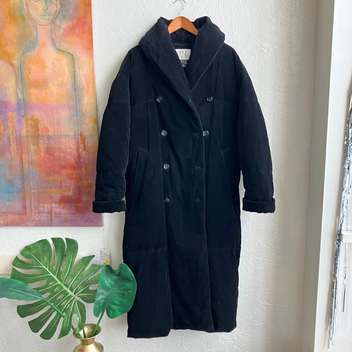 Saks 5th Avenue Velvet Down Double Breasted Puffer Long Coat | Medium