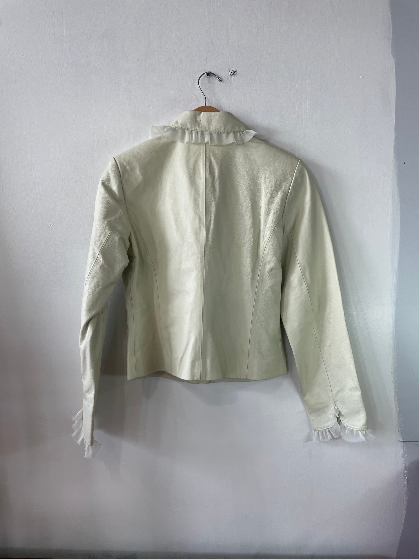 Y2K Cream Leather Jacket with Ruffle Trim