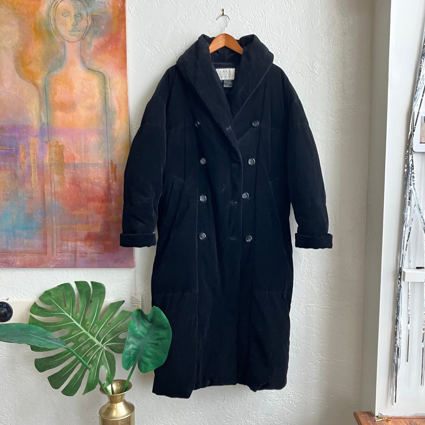 Saks 5th Avenue Velvet Down Double Breasted Puffer Long Coat | Medium