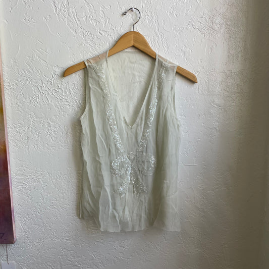 Aqua Colored Silk Sleeveless Calvin Klein Sequence Bow Shirt | Small
