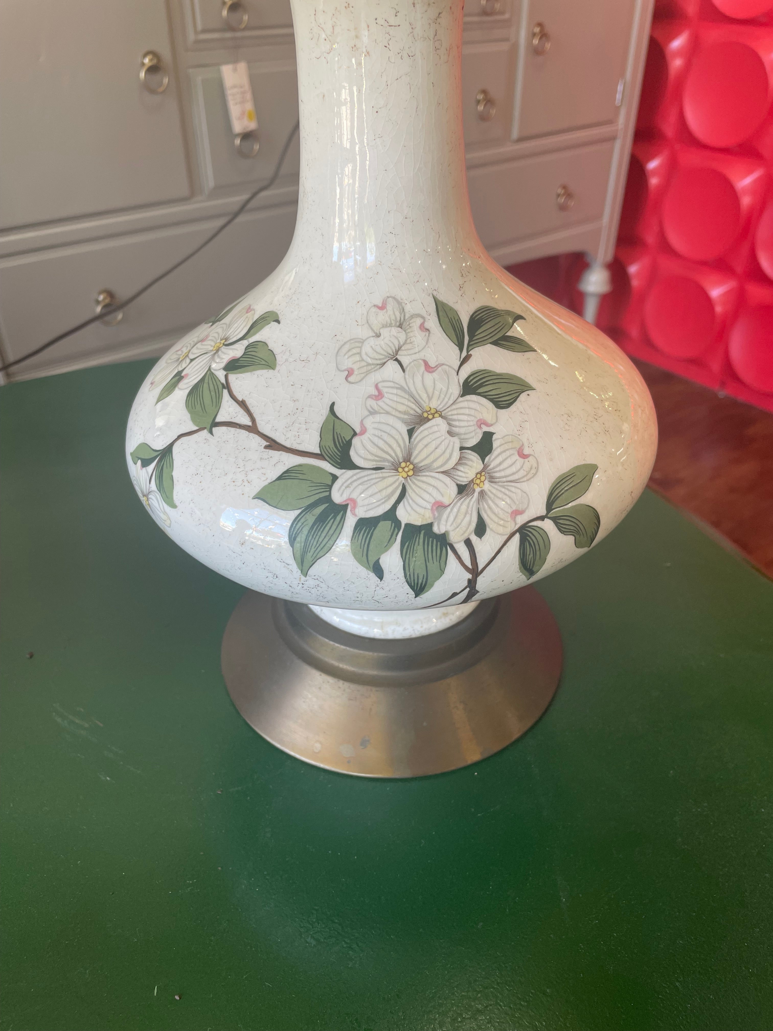A Pair of Ceramic Gold Leaf Dogwood Flower Table Lamps