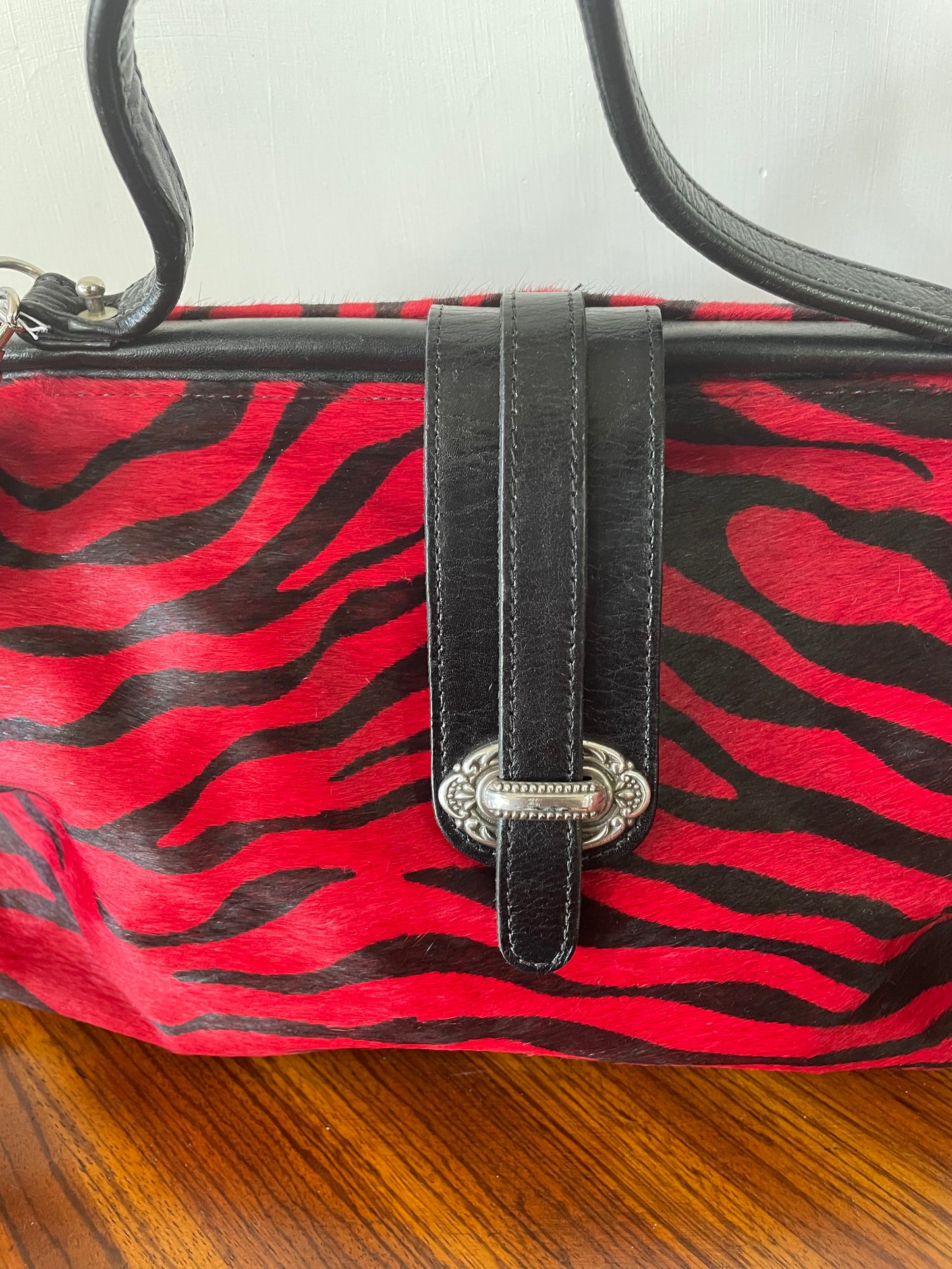 Red and Black Faux Fur Zebra Bag