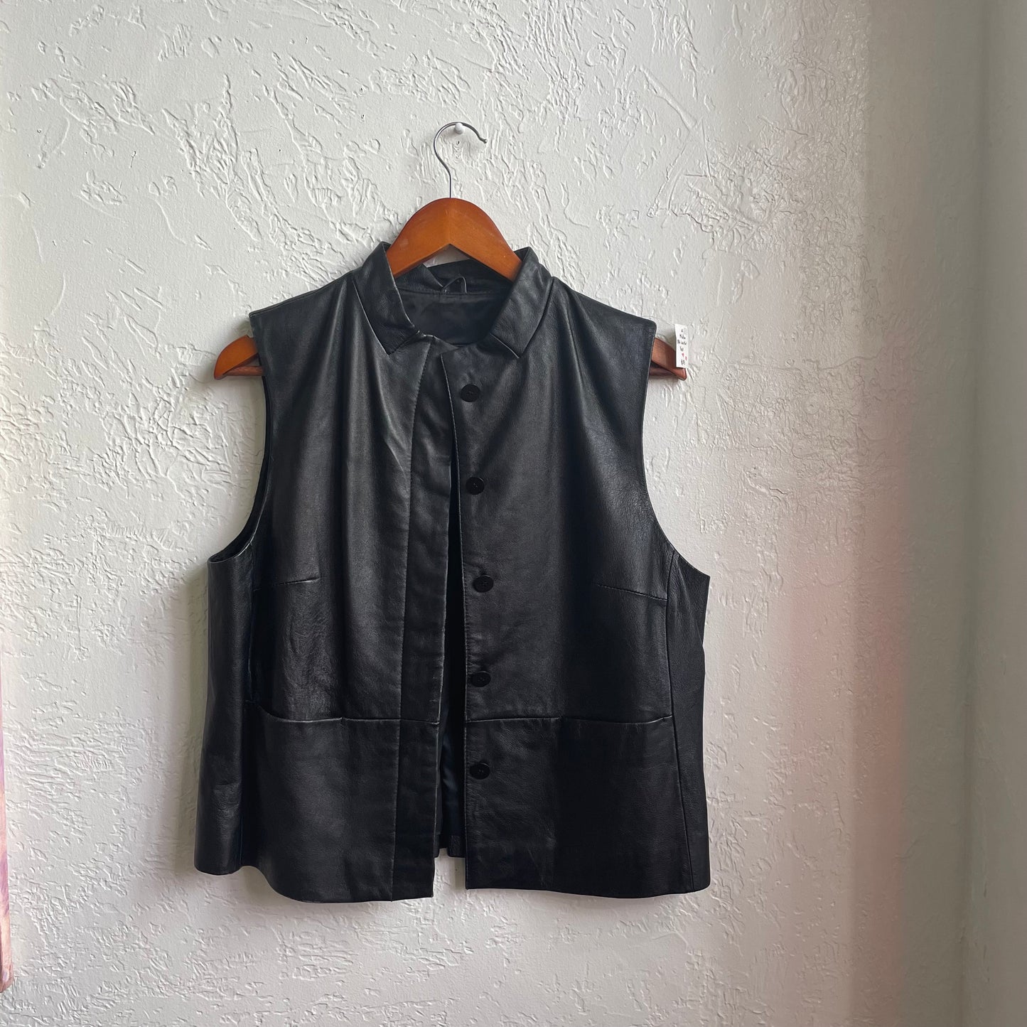 Black Leather Button Up Vest | Medium